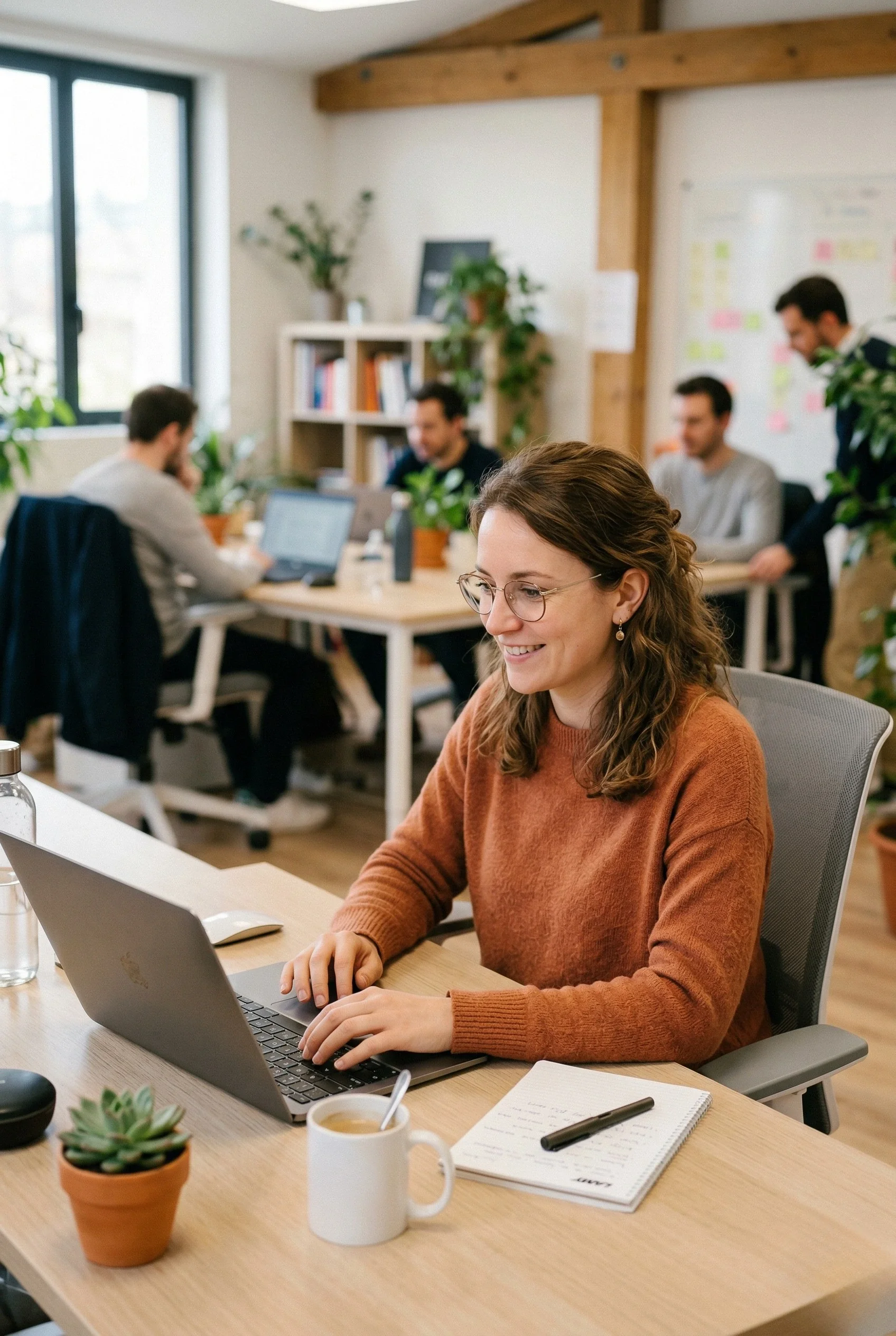 Trois experts en référencement naturel travaillant en équipe dans un bureau moderne à Angers.