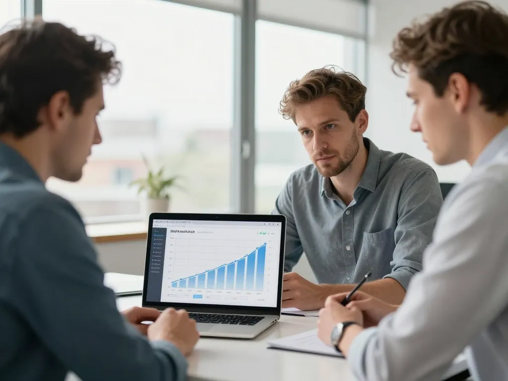 Réunion de travail d'une équipe de professionnels à Angers pour une stratégie de contenu digitale dans un bureau moderne.
