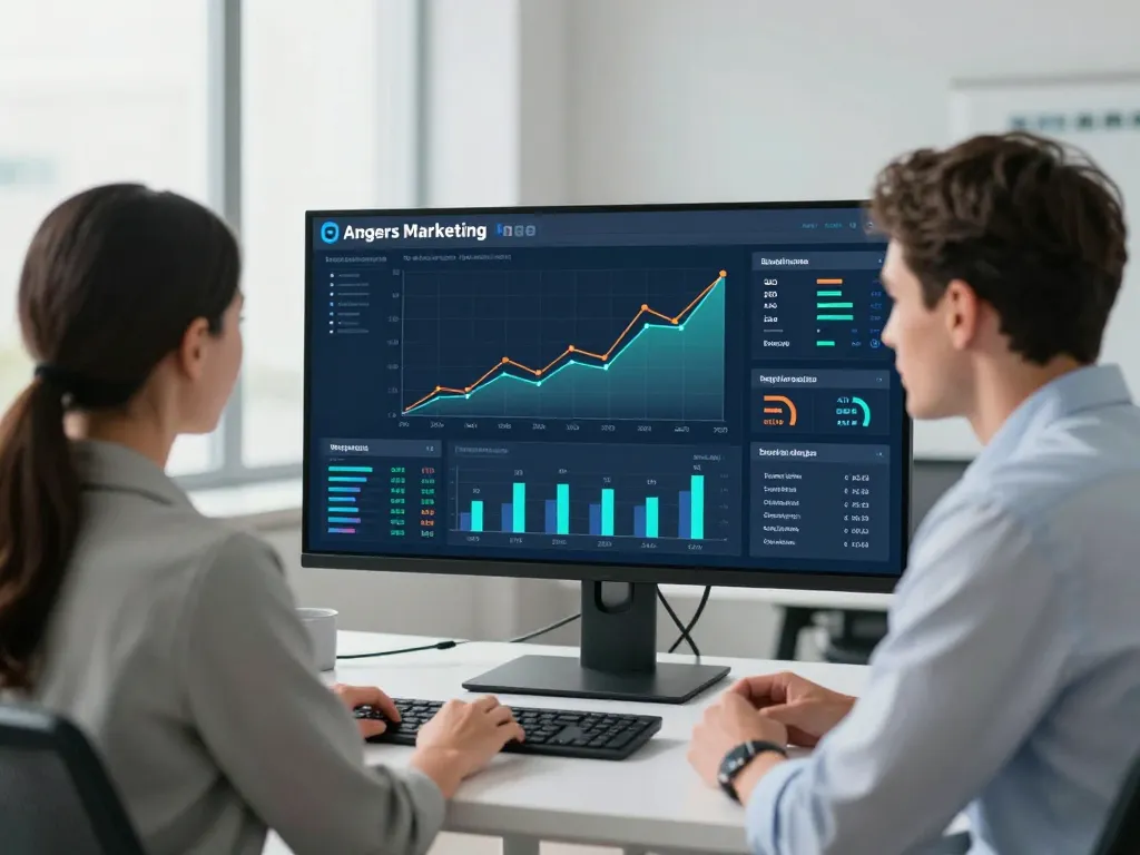 Experts en marketing digital à Angers analysant des graphiques de performance sur un tableau de bord analytique.