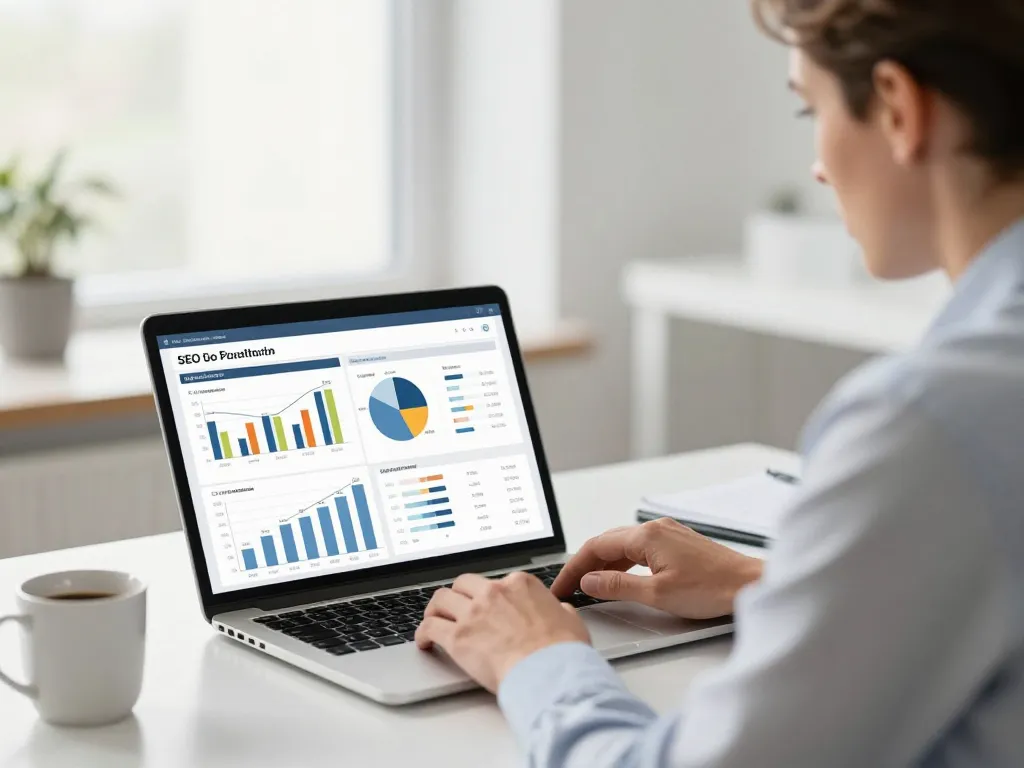 Expert en marketing digital présentant un audit de visibilité locale et de référencement sur un écran d'ordinateur.