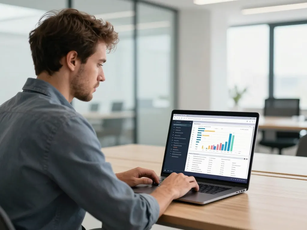 Consultant SEO expert analysant les données d'un audit technique sur son ordinateur dans un bureau lumineux pour optimiser le référencement.