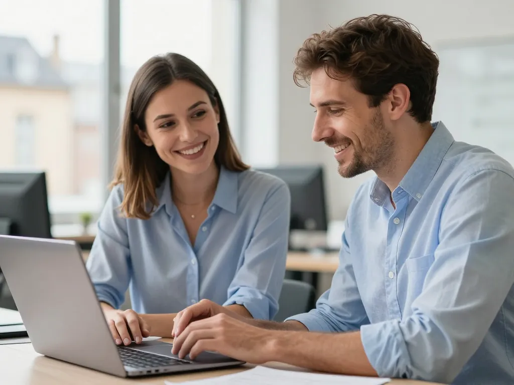 Un chef d'entreprise et son consultant SEO souriants discutant des résultats positifs de leur stratégie digitale dans un bureau à Angers.
