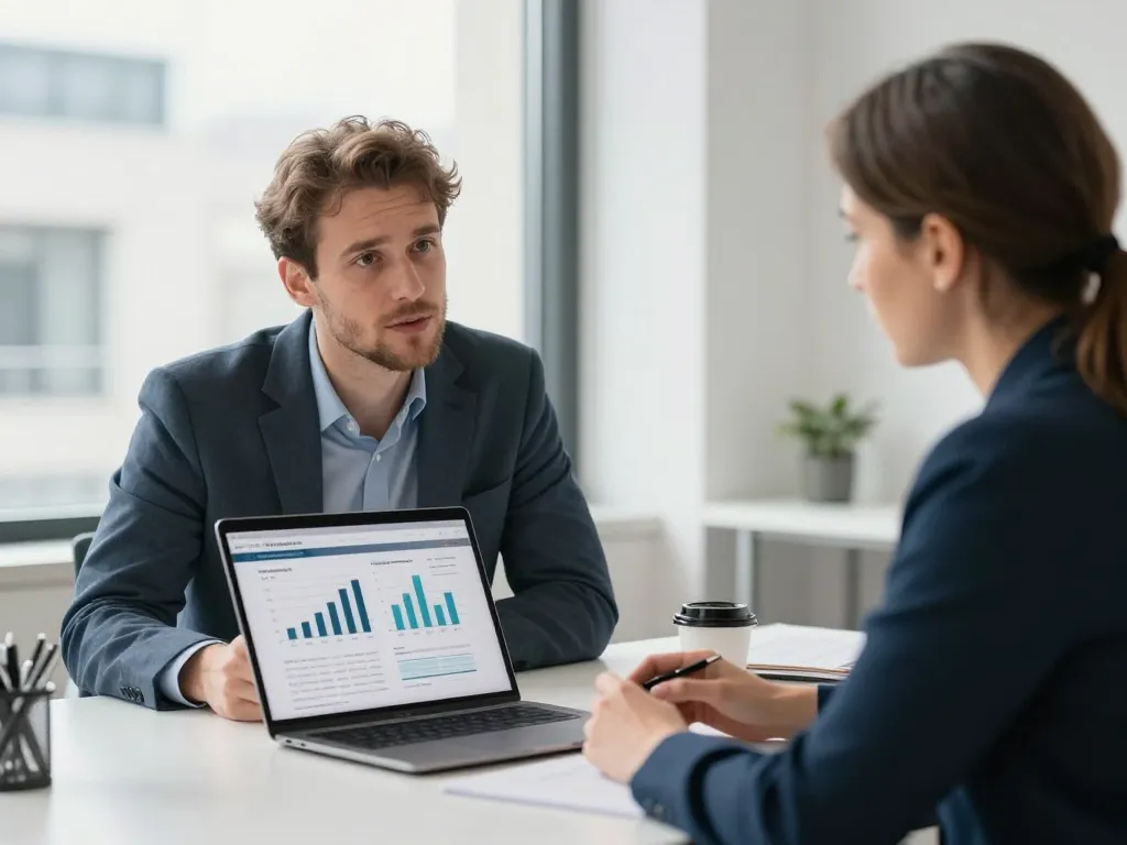 Consultant SEO à Angers montrant des résultats de croissance positive sur un écran à un client satisfait dans un bureau moderne.