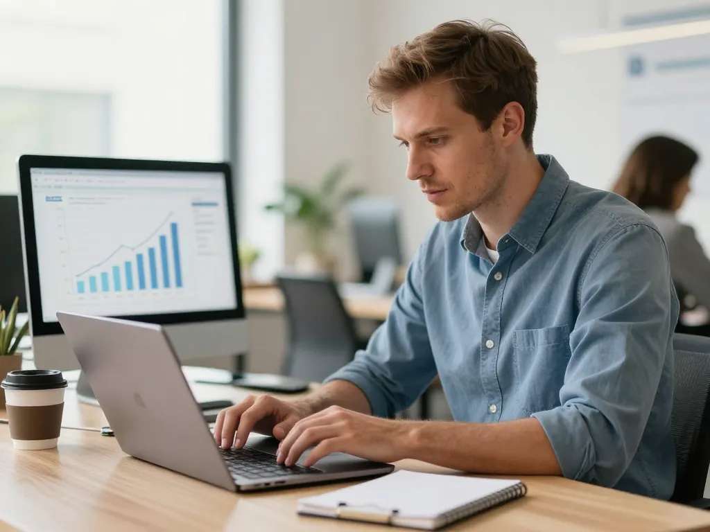 Deux professionnels analysant un graphique de croissance du trafic organique sur une tablette dans un bureau moderne de nuit.