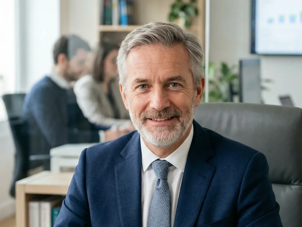 Thomas, expert en webmarketing, échangeant une poignée de main chaleureuse dans un bureau moderne et ensoleillé.