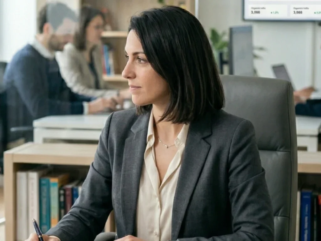 Rédactrice web professionnelle travaillant sur une stratégie de contenu SEO dans un bureau moderne à Angers.