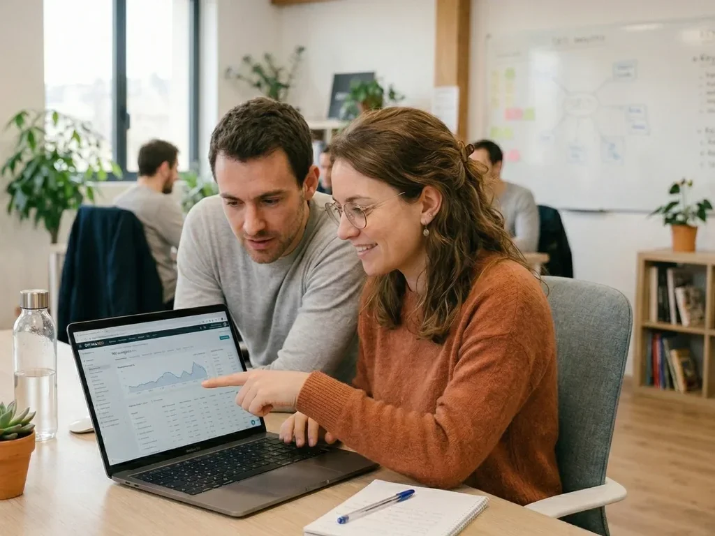 Deux experts en marketing analysant les indicateurs de performance sur une tablette dans un bureau moderne à Angers.