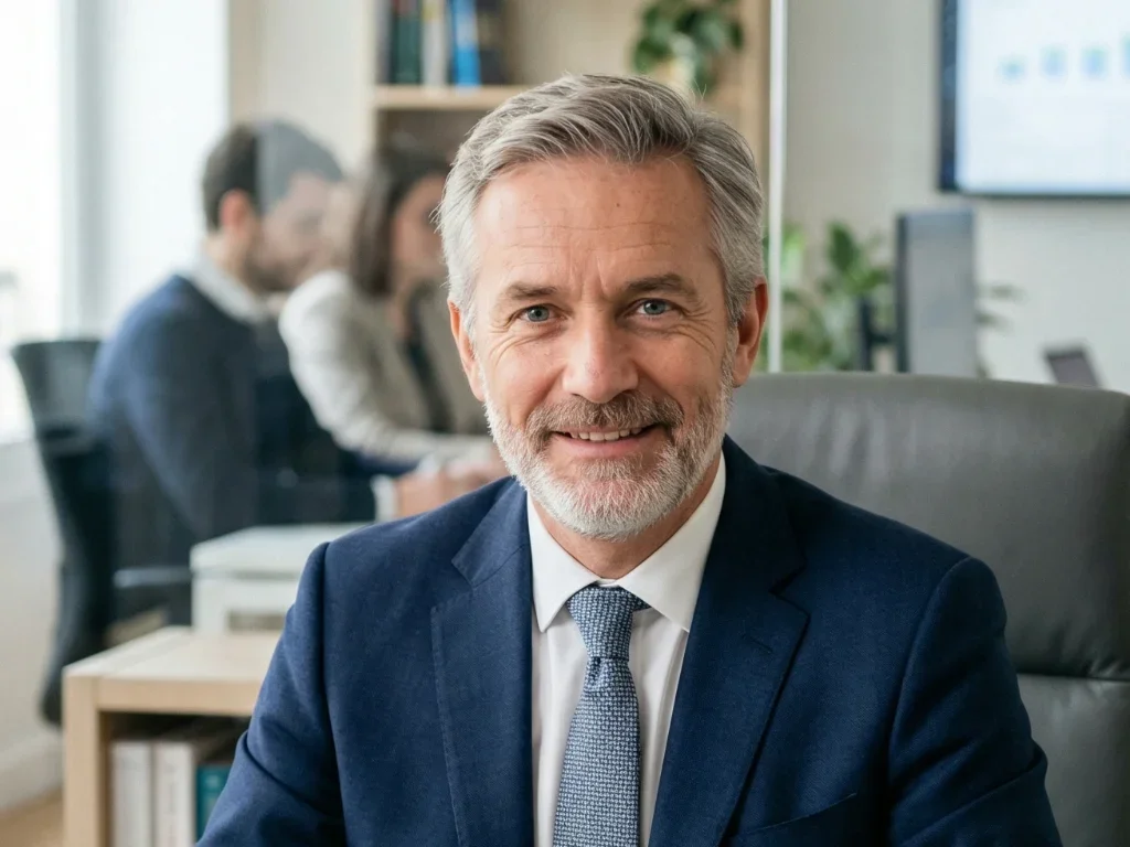 Thomas, expert en stratégie digitale, souriant avec assurance devant son poste de travail dans une agence moderne.