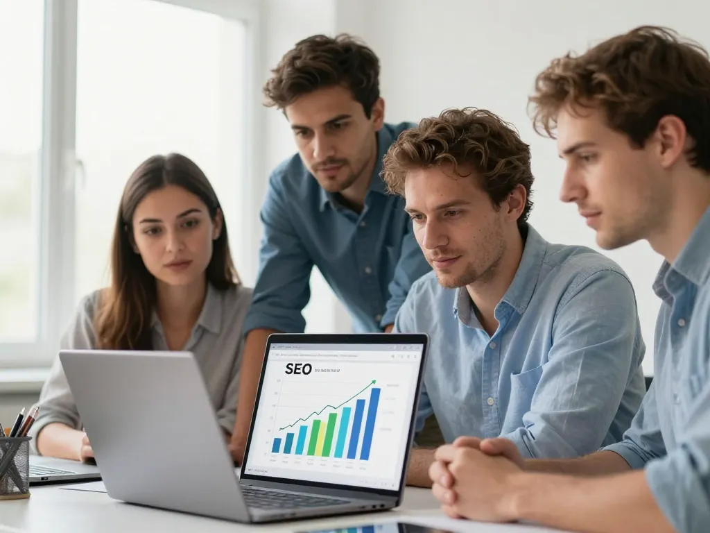 Une équipe de consultants SEO experts discutant de stratégie digitale devant un ordinateur dans un bureau moderne à Angers.