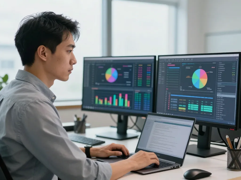 Expert en marketing digital analysant des graphiques de performance pour des campagnes publicitaires SEA dans un bureau moderne.