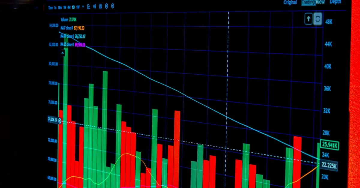 Gros plan sur un graphique numérique de trading Bitcoin montrant les fluctuations de prix.