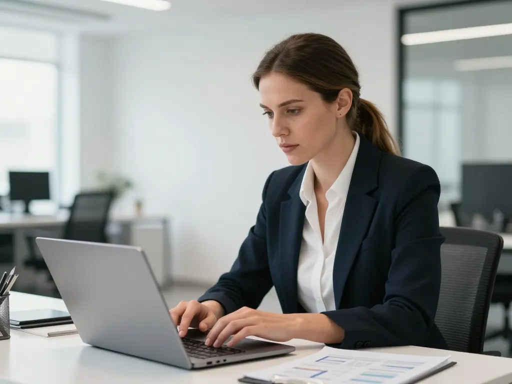 Une experte en marketing digital travaillant sur l'optimisation du référencement de fiches produits et la gestion des balises canoniques dans un bureau moderne.