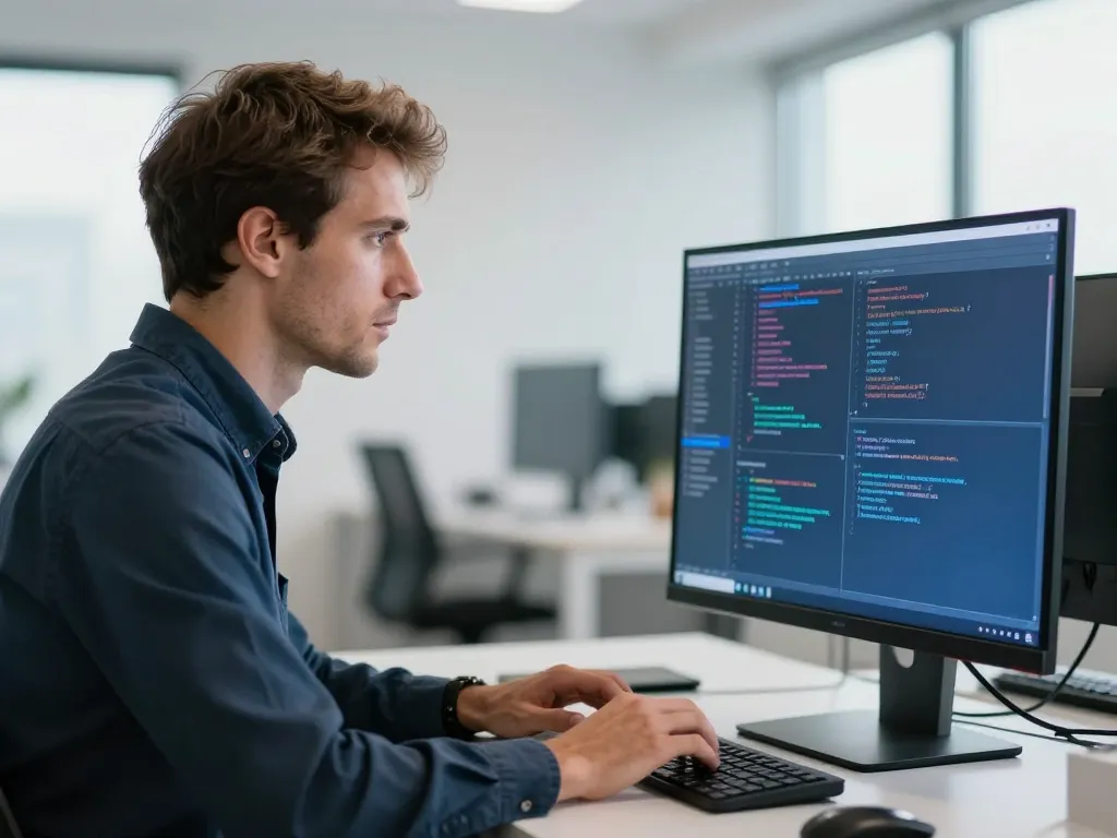Un expert en référencement analysant le code source et le balisage technique d'un site internet pour le SEO local.