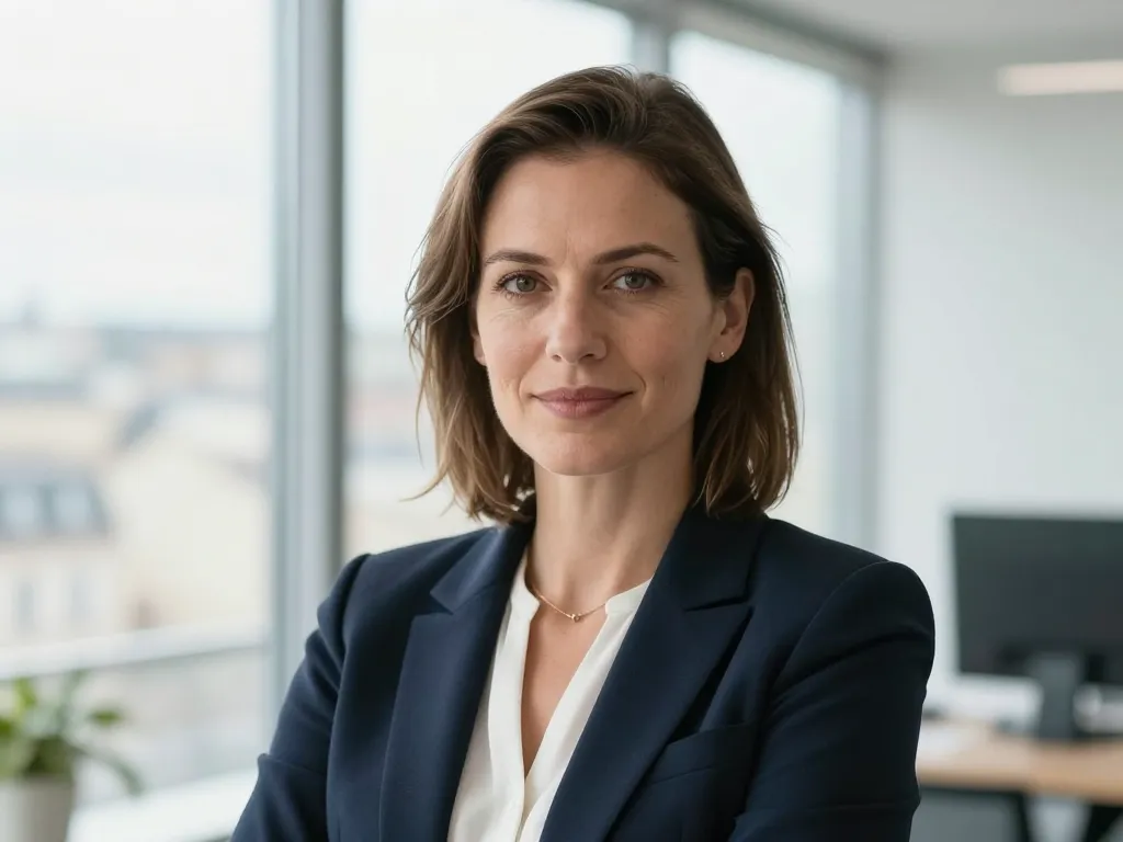 Portrait de Sophie, une partenaire professionnelle souriante et confiante dans un bureau lumineux à Angers.