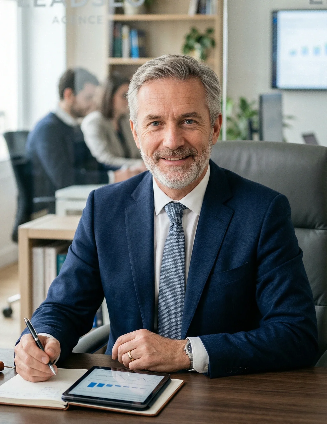 Deux consultants SEO spécialisés à Angers analysant des graphiques de performance pour optimiser le référencement naturel.